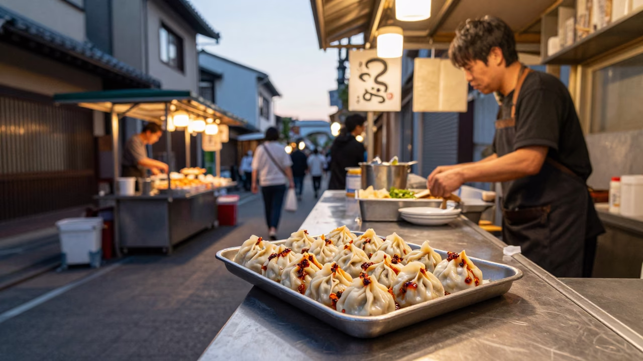 Osaka Japan Late Afternoon Street Scene with Food Stall and Urban Details in in Osaka, Japan
