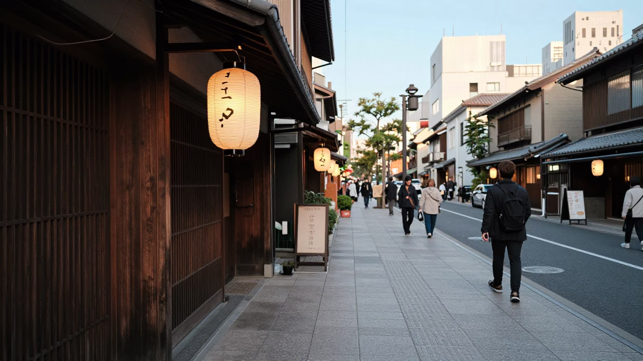 Osaka Japan late afternoon street scene with lanterns and urban architecture in in Osaka, Japan