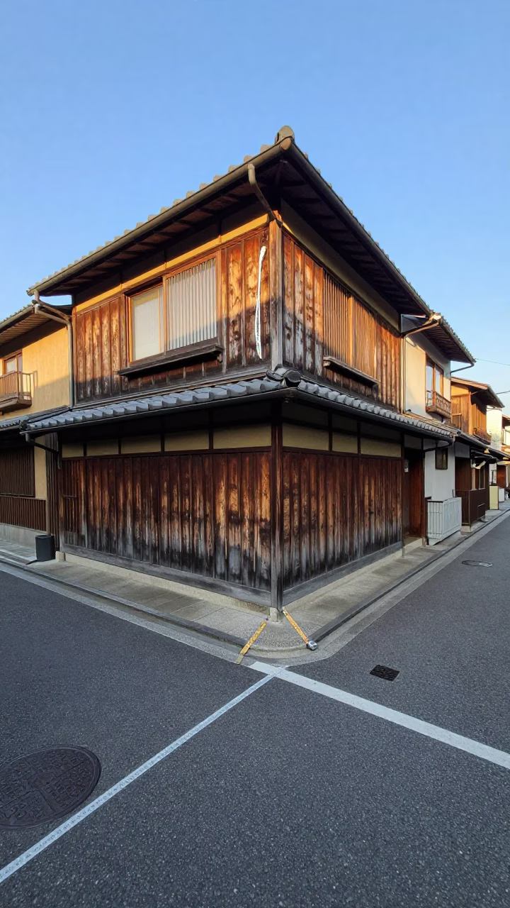Osaka Japan Late Afternoon Street Scene with Measuring Tapes and Traditional Architecture in in Osaka, Japan