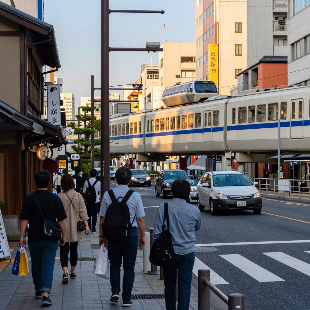 Osaka Japan Late Afternoon Street Scene with Monorail and Traditional Shopfronts in in Osaka, Japan