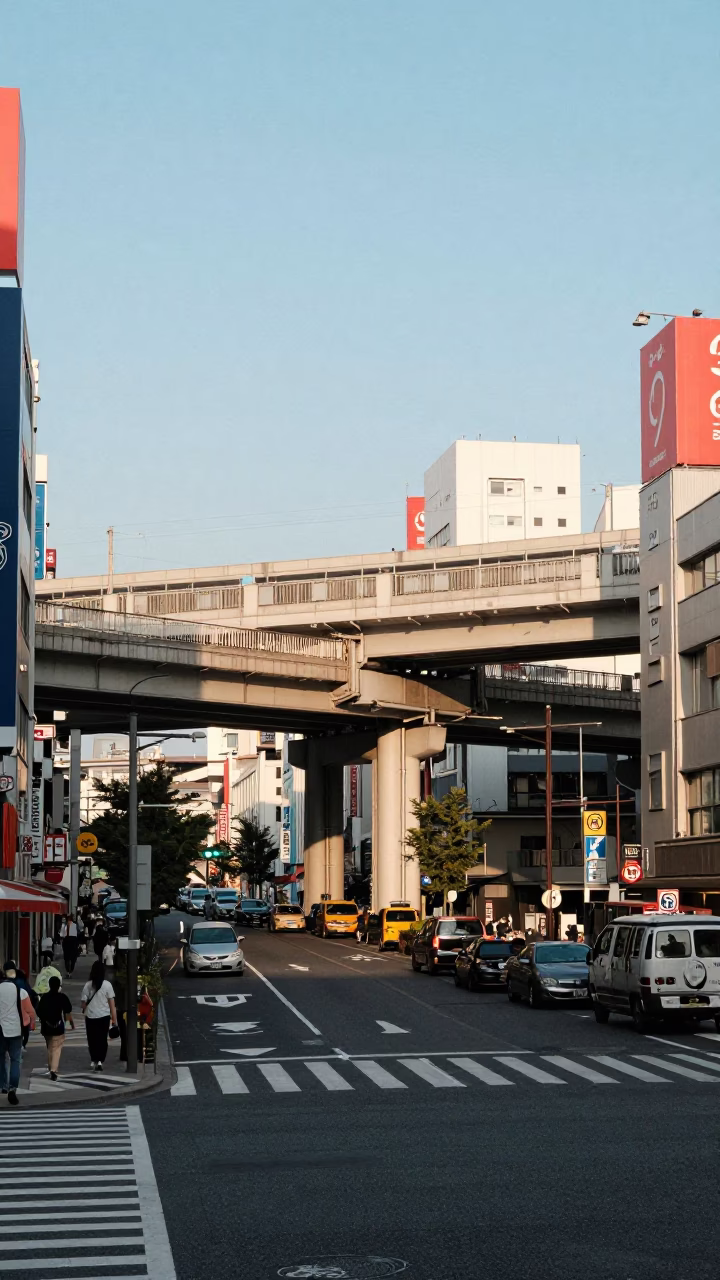 Osaka Japan Late Afternoon Street Scene With Overpass Interchange And Taillight Streaks in in Osaka, Japan