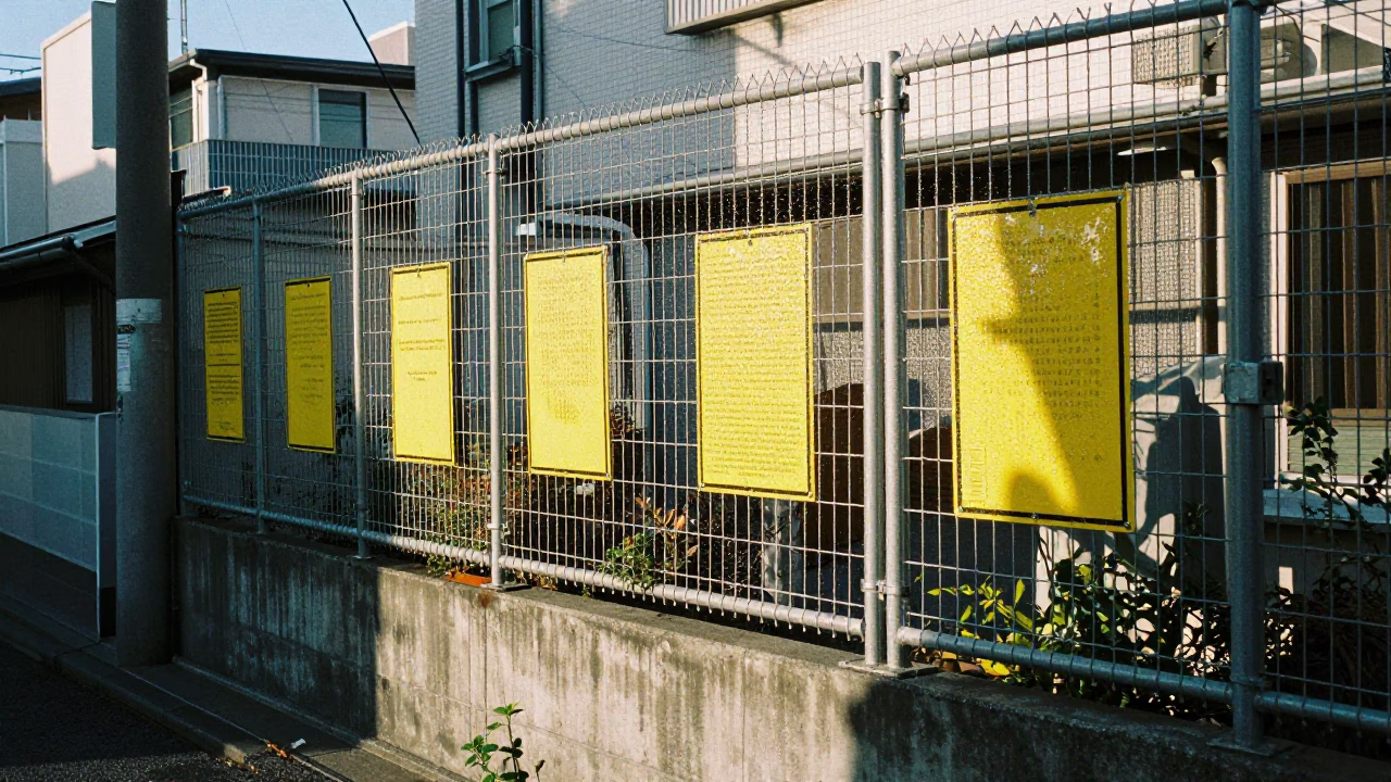 Osaka Japan Late Afternoon Street Scene With Substation Fence And Warning Placards in in Osaka, Japan