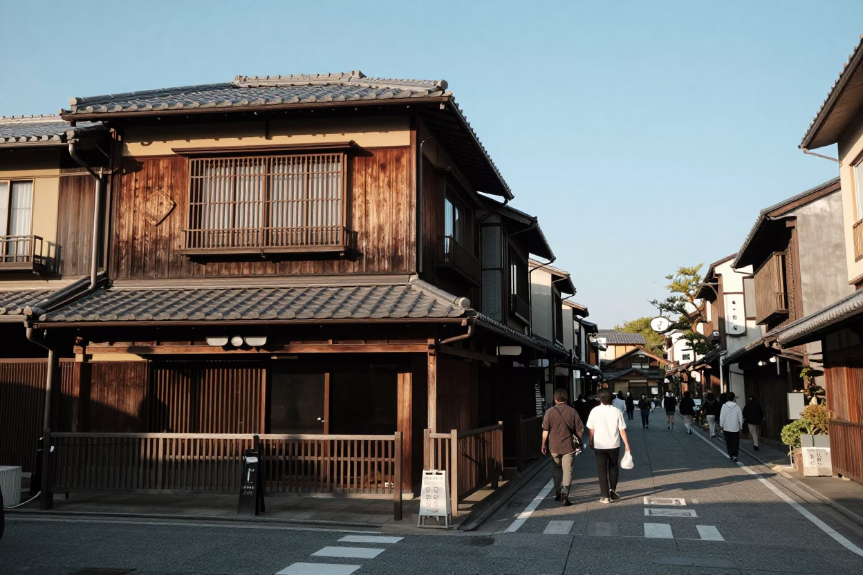 Osaka Japan Late Afternoon Street Scene with Traditional Architecture and Local Life in in Osaka, Japan