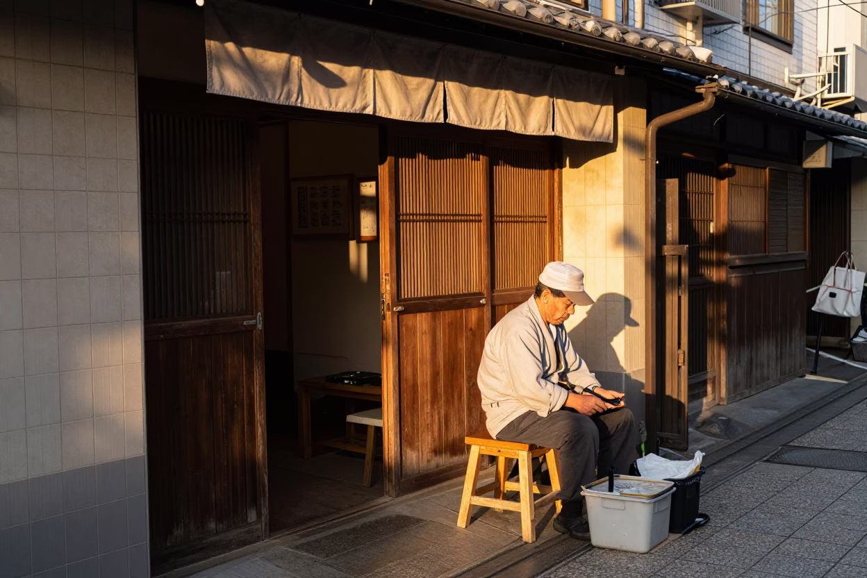 Osaka Japan Late Afternoon Street Scene with Vendor and Wooden Stool in in Osaka, Japan