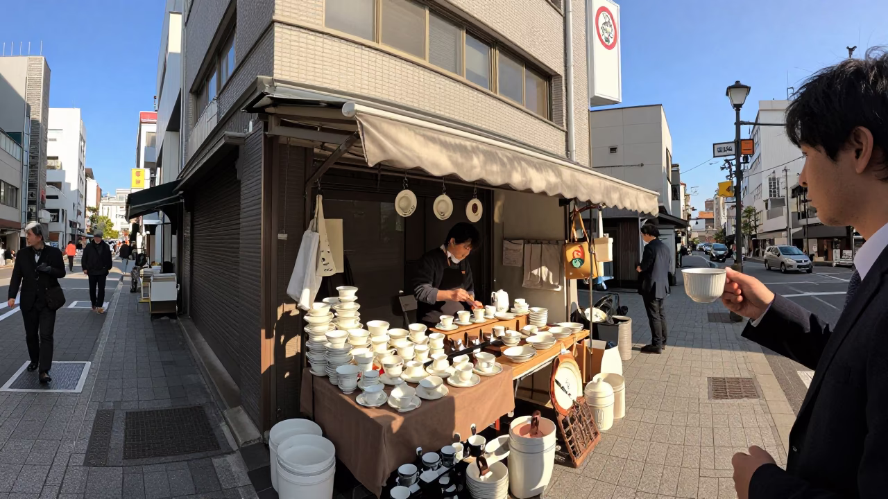 Osaka Japan Late Afternoon Street Scene with Vintage Teacups and Local Commerce in in Osaka, Japan