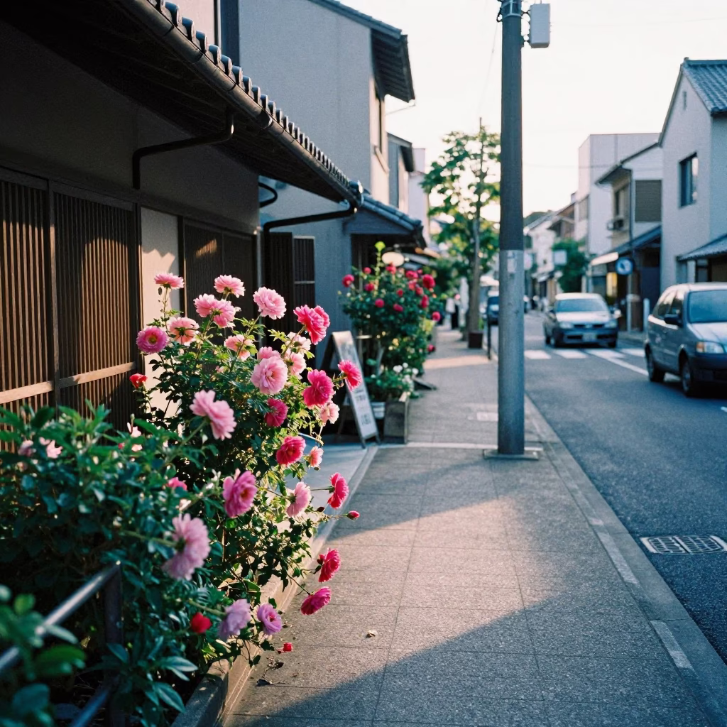 Osaka Japan Late Morning Street Scene with Blue and Pink Hydrangea Bush in in Osaka, Japan