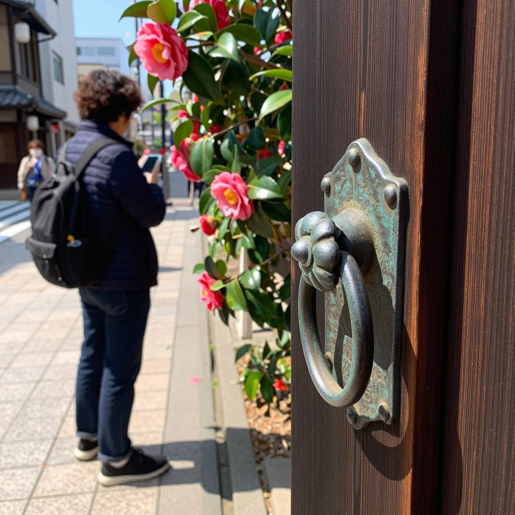 Osaka Japan Midday Street Scene with Camellia and Gate Handle Details in in Osaka, Japan