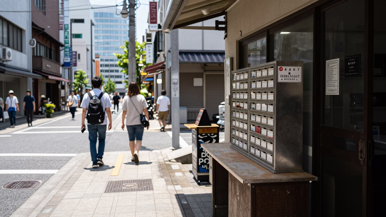 Osaka Japan Midday Street Scene with Letter Tray and Campus Bookstore Counter in in Osaka, Japan