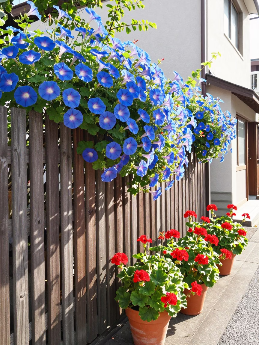 Osaka Japan Morning Glory Fence and Geraniums in Bright Midmorning Light in in Osaka, Japan