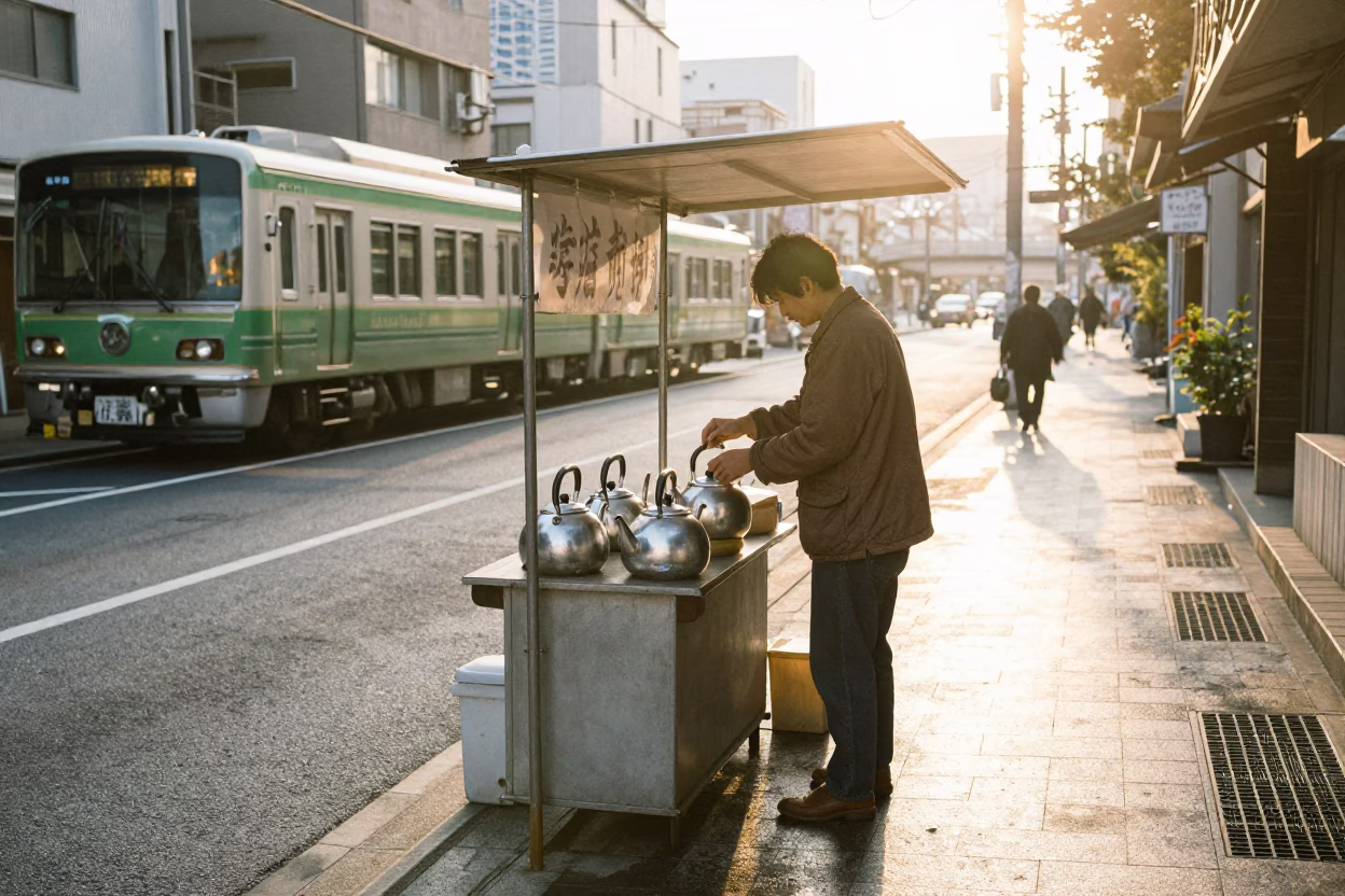 Osaka Japan Morning Street Scene with Tea Kettles and Metro Station Art in in Osaka, Japan
