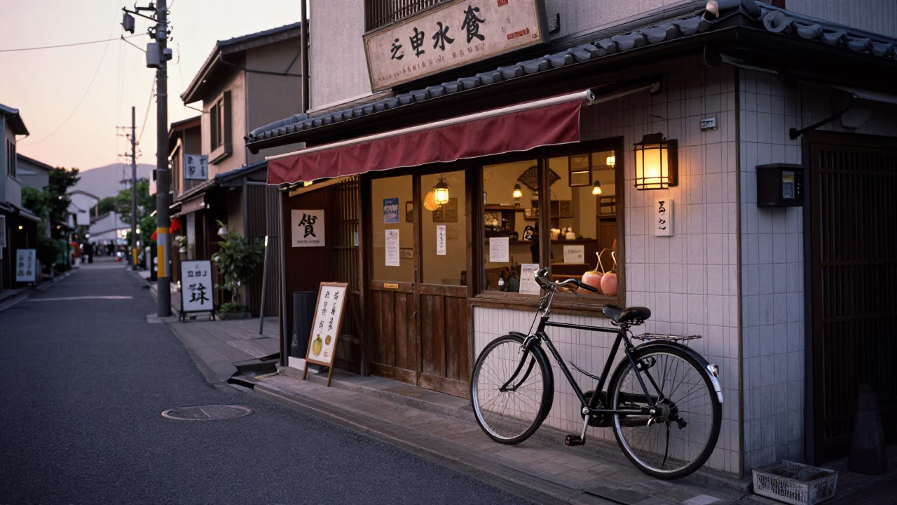 Osaka Japan Nautical Dawn Street Scene with Bicycle and Bakery in in Osaka, Japan
