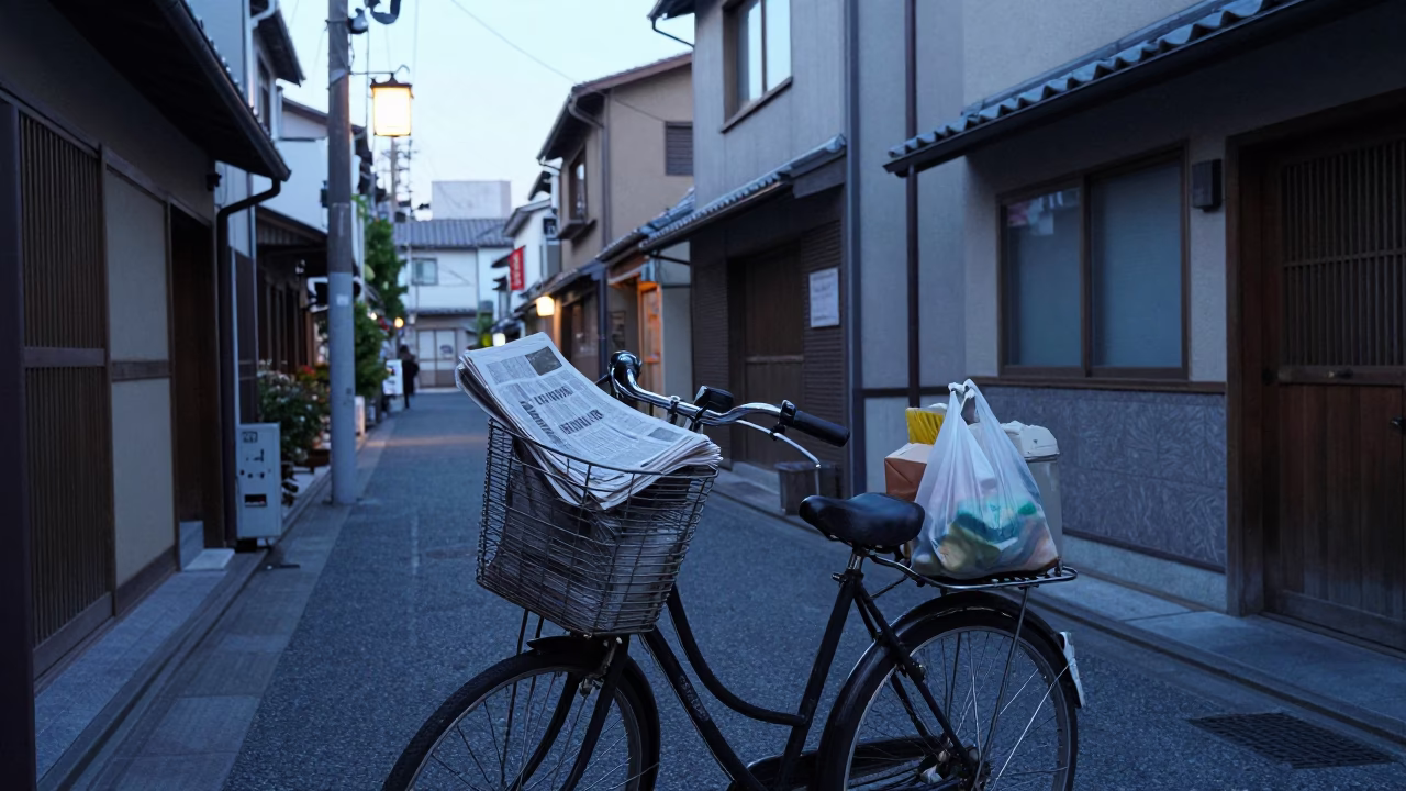 Osaka Japan Nautical Dawn Street Scene with Bicycle Basket and Hammered Metal in in Osaka, Japan