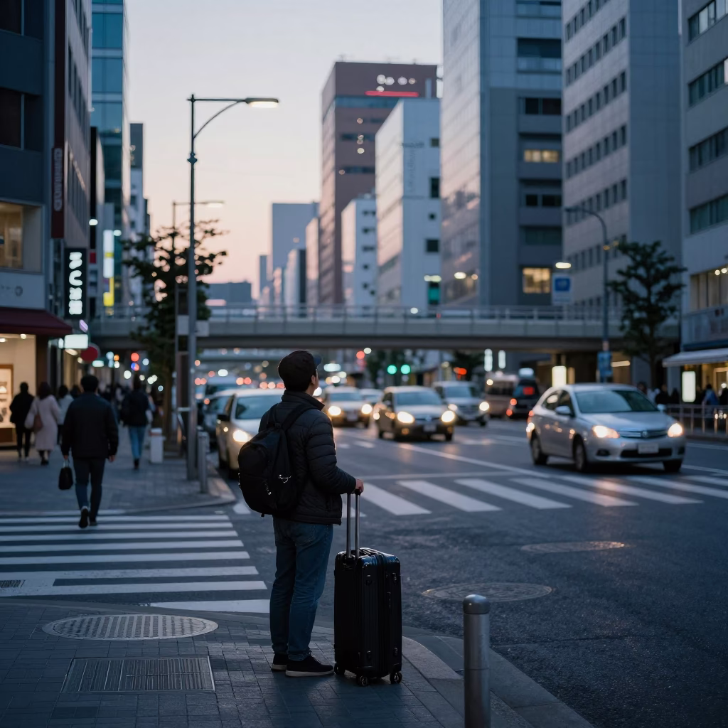 Osaka Japan Nautical Dawn Street Scene with Suitcases and Urban Morning Ambience in in Osaka, Japan
