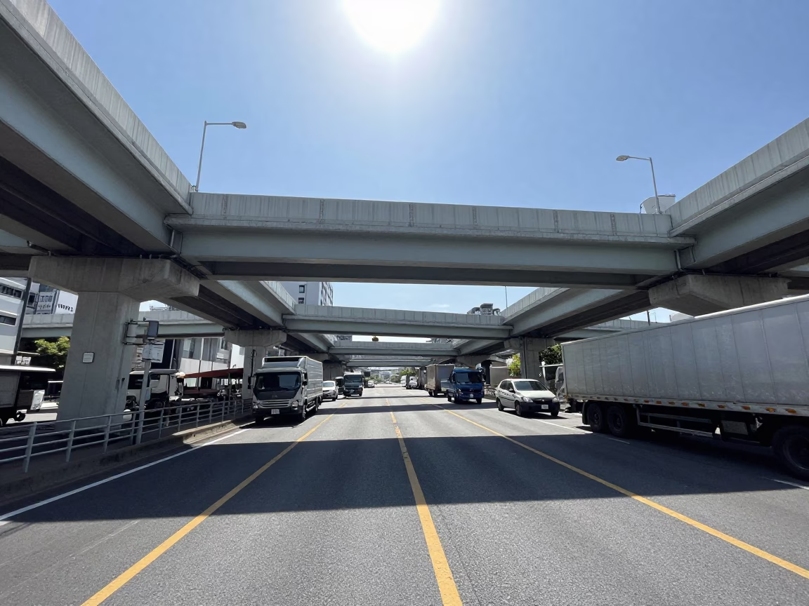 Osaka Japan Noon Sunlight Overpass Interchange Lane Split and Freight Train Crossing Trestle Bridge in in Osaka, Japan