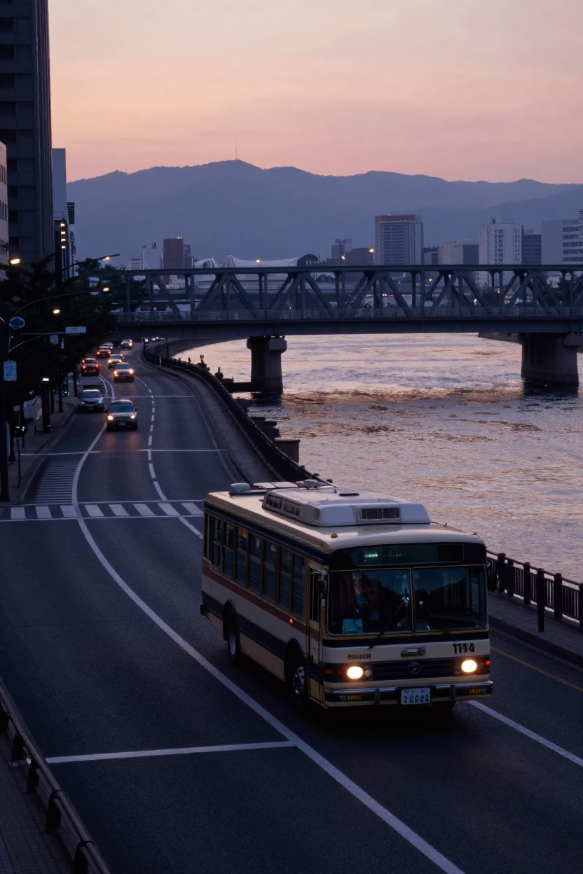 Osaka Japan Pre-Dawn Street Scene With Classic Bus And Bridge Maintenance Cradle in in Osaka, Japan
