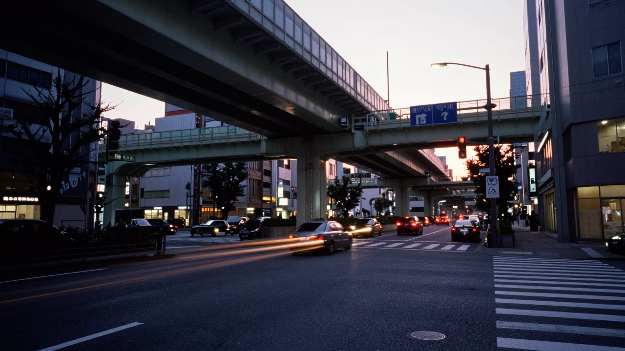 Osaka Japan Pre-Dawn Street Scene with Overpass Interchange and Taillight Streaks Before Sunrise in in Osaka, Japan
