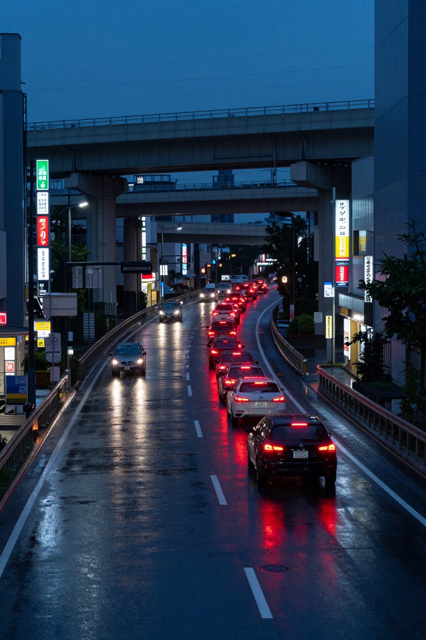 Osaka Japan Predawn Overpass Interchange Glowing Taillights After Rain Realistic 2000s Photography in in Osaka, Japan
