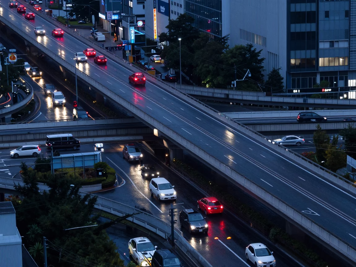 Osaka Japan Predawn Overpass Interchange Glowing Taillights After Rain Street Photography in in Osaka, Japan