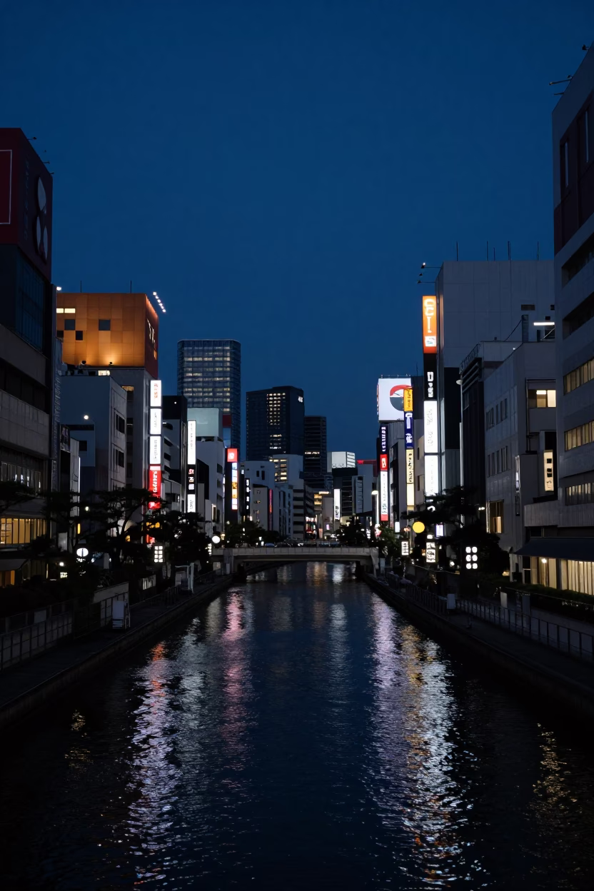 Osaka Japan Predawn Skyline View from Dotonbori District Waterfront in in Osaka, Japan