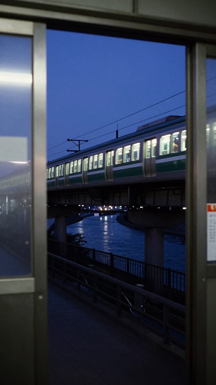Osaka Japan Predawn Street Scene with Brushed Steel Doorframe and Monorail in Background in in Osaka, Japan