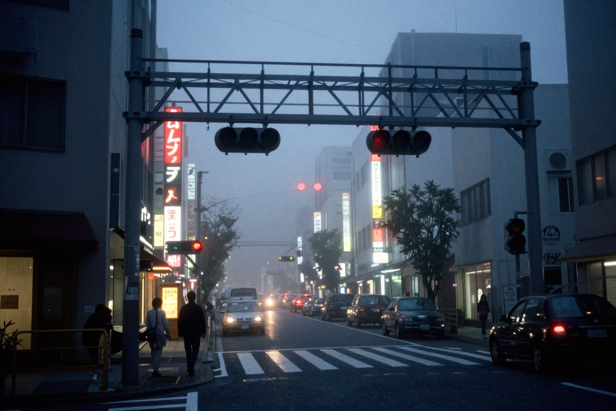 Osaka Japan predawn street scene with signal gantry and misty rail lines in in Osaka, Japan