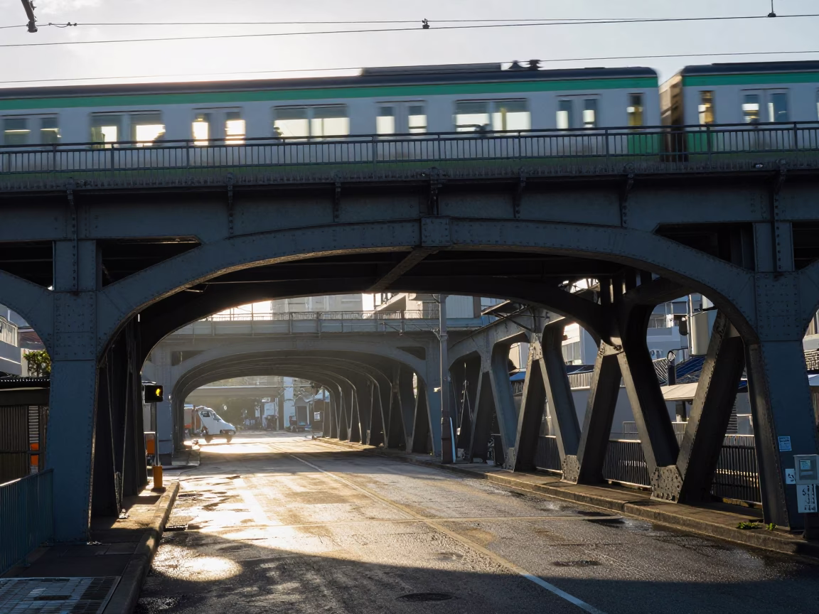 Osaka Japan Railway Viaduct Arches Passing Train First Light Cinematic Street Photography in in Osaka, Japan