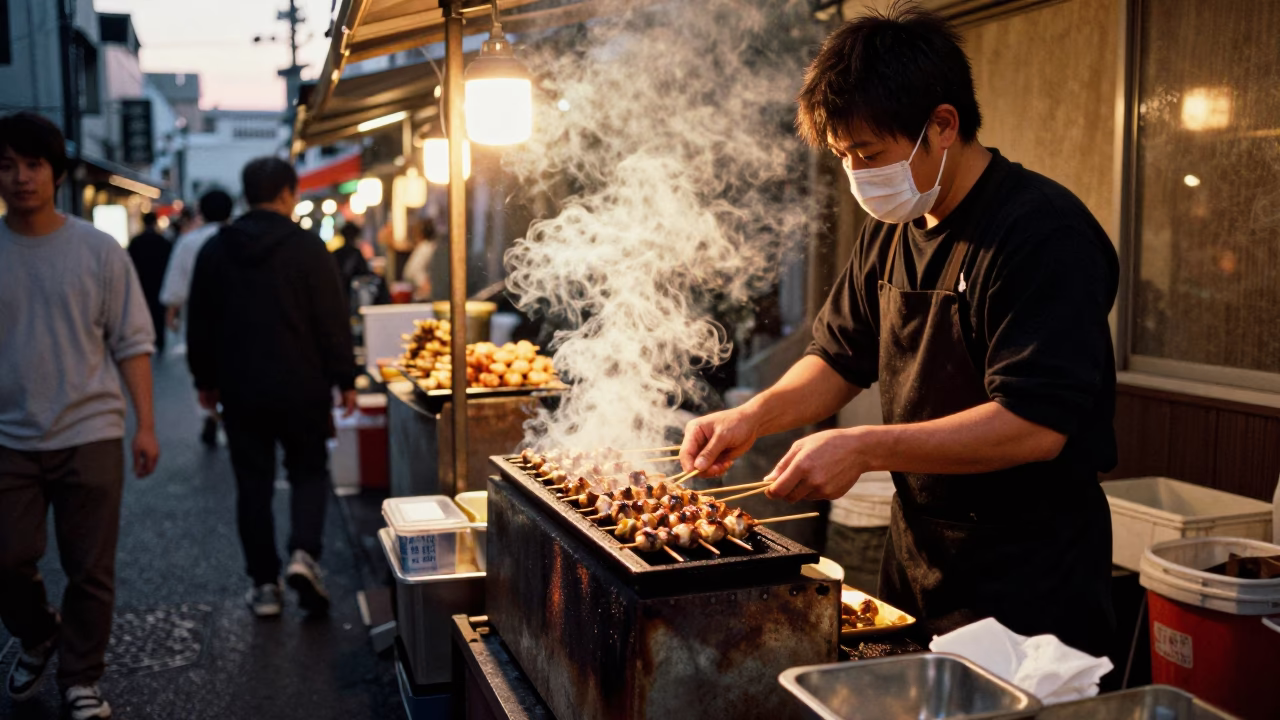 Osaka Japan street food scene with grilled yakitori kebab skewers in honeyed evening light in in Osaka, Japan