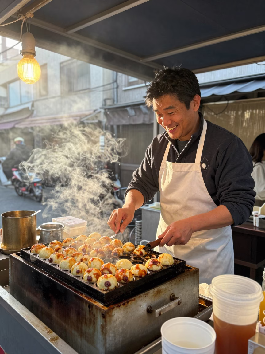 Osaka Japan Street Food Stall First Light Morning Cooking Activity in in Osaka, Japan