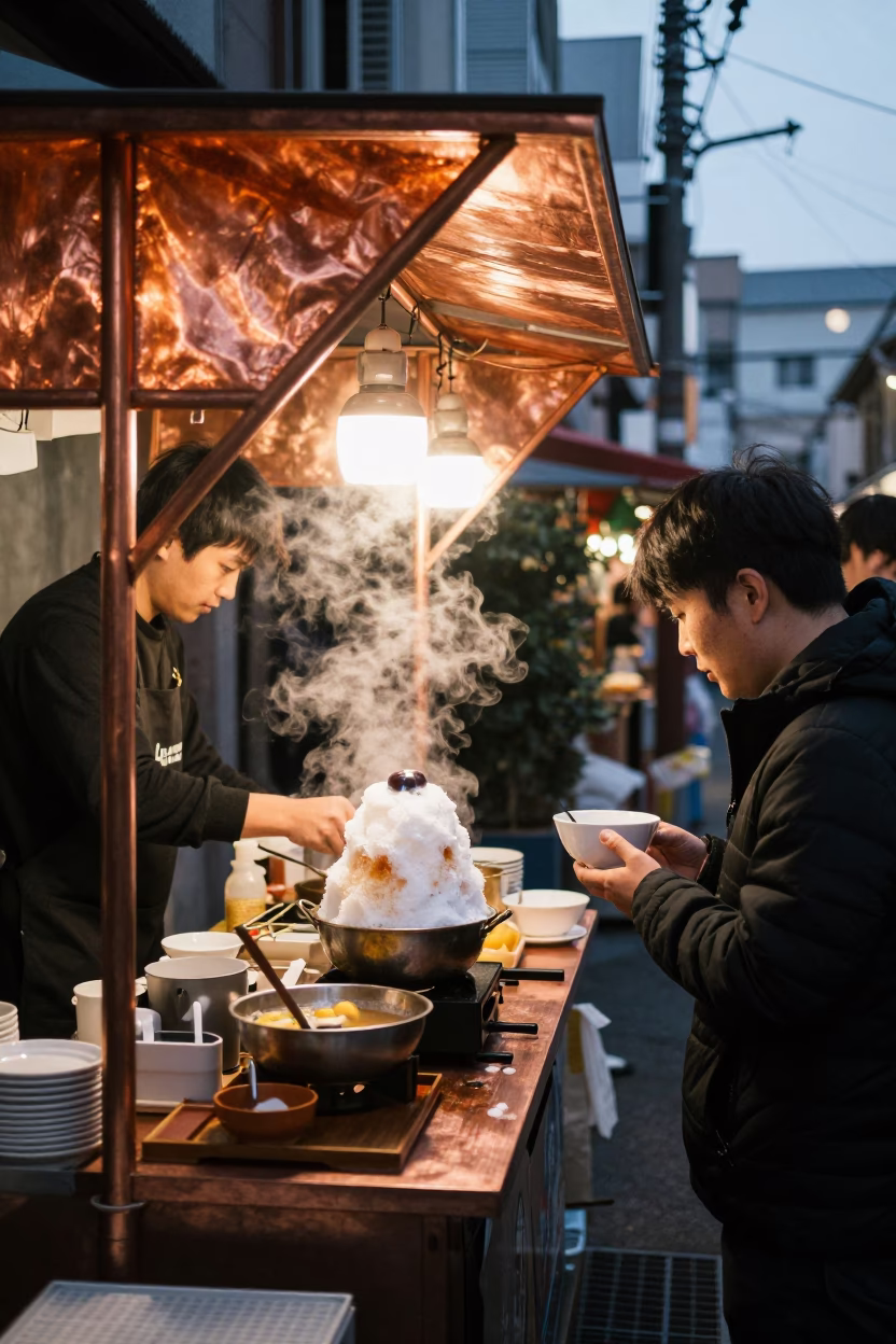 Osaka Japan Street Food Stall with Shaved Ice Dessert in Copper Dusk Light in in Osaka, Japan