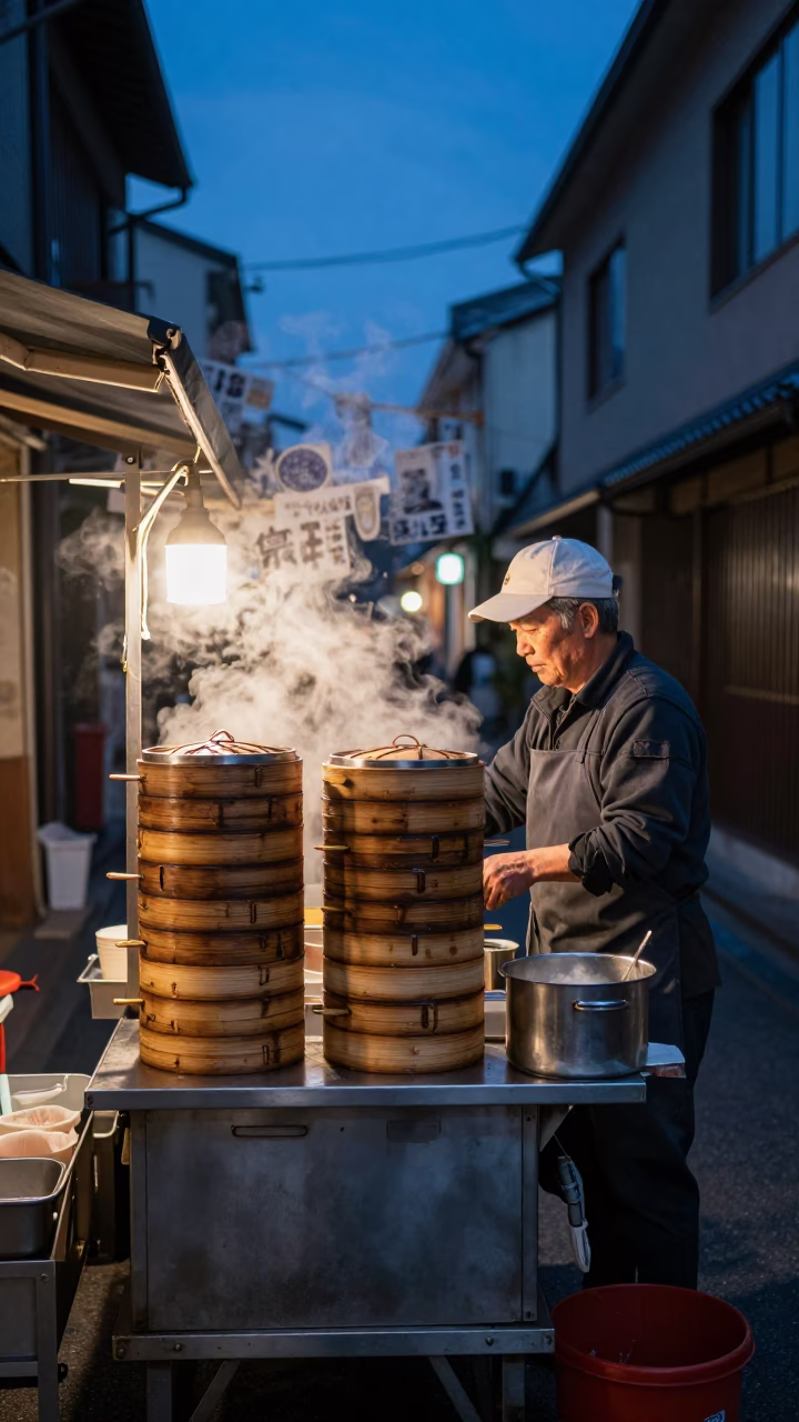 Osaka Japan Street Food Vendor Serving Dim Sum Steamers in Indigo Twilight in in Osaka, Japan