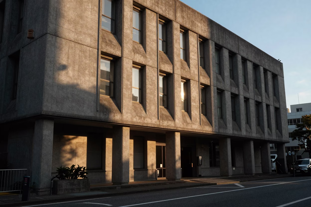 Osaka Japan Street Photography at Sunset Showing Concrete Brutalist University Building and Vintage Car in in Osaka, Japan
