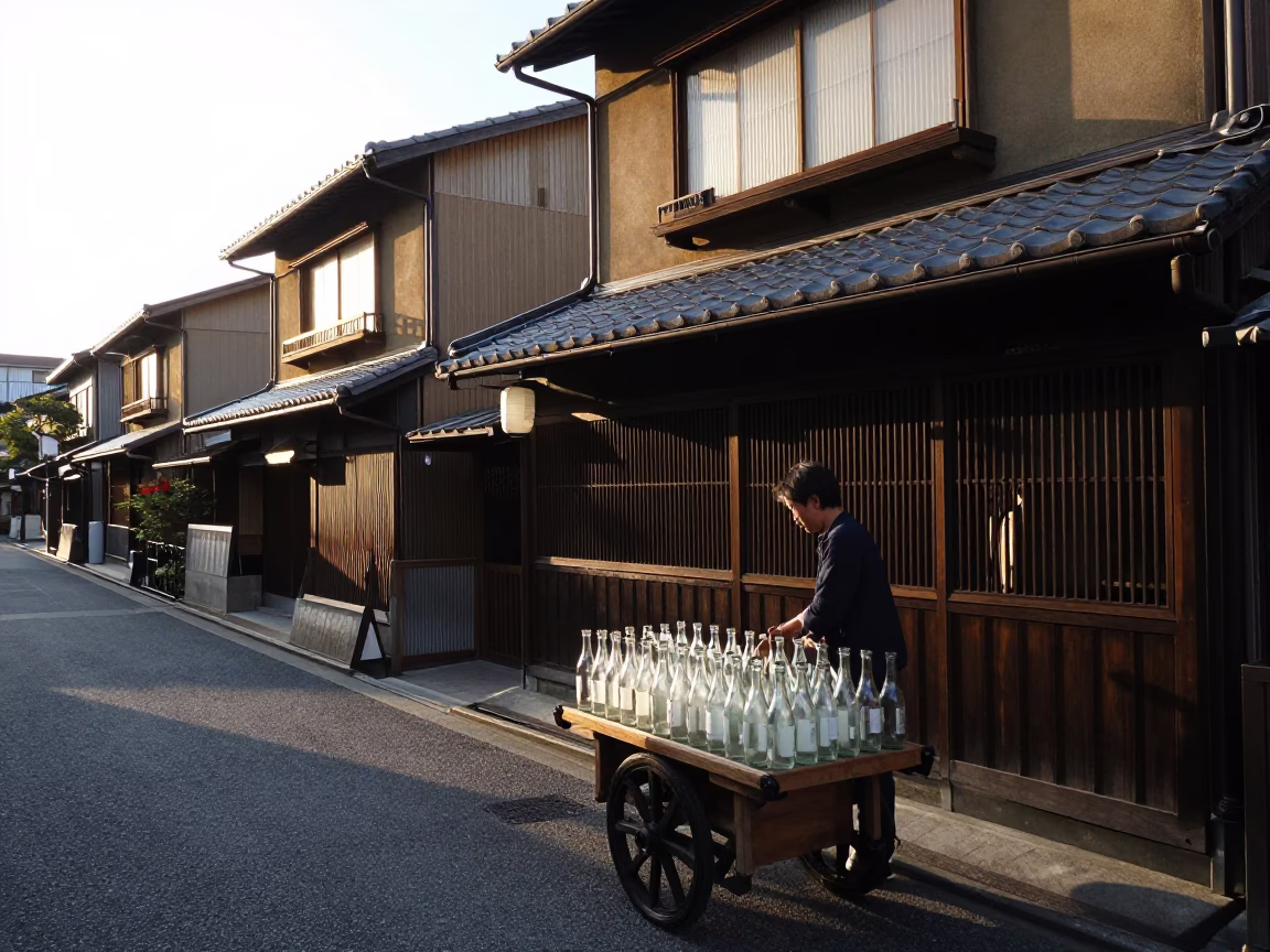 Osaka Japan Street Scene After Sunrise with Glass Bottles and Urban Life in in Osaka, Japan