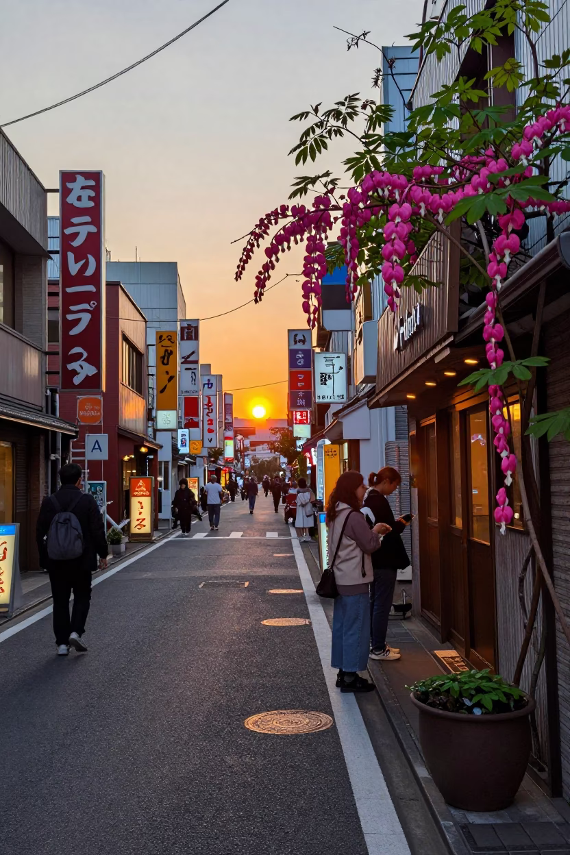 Osaka Japan Street Scene at Dusk with Bleeding Heart Vine and Local Dining Atmosphere in in Osaka, Japan