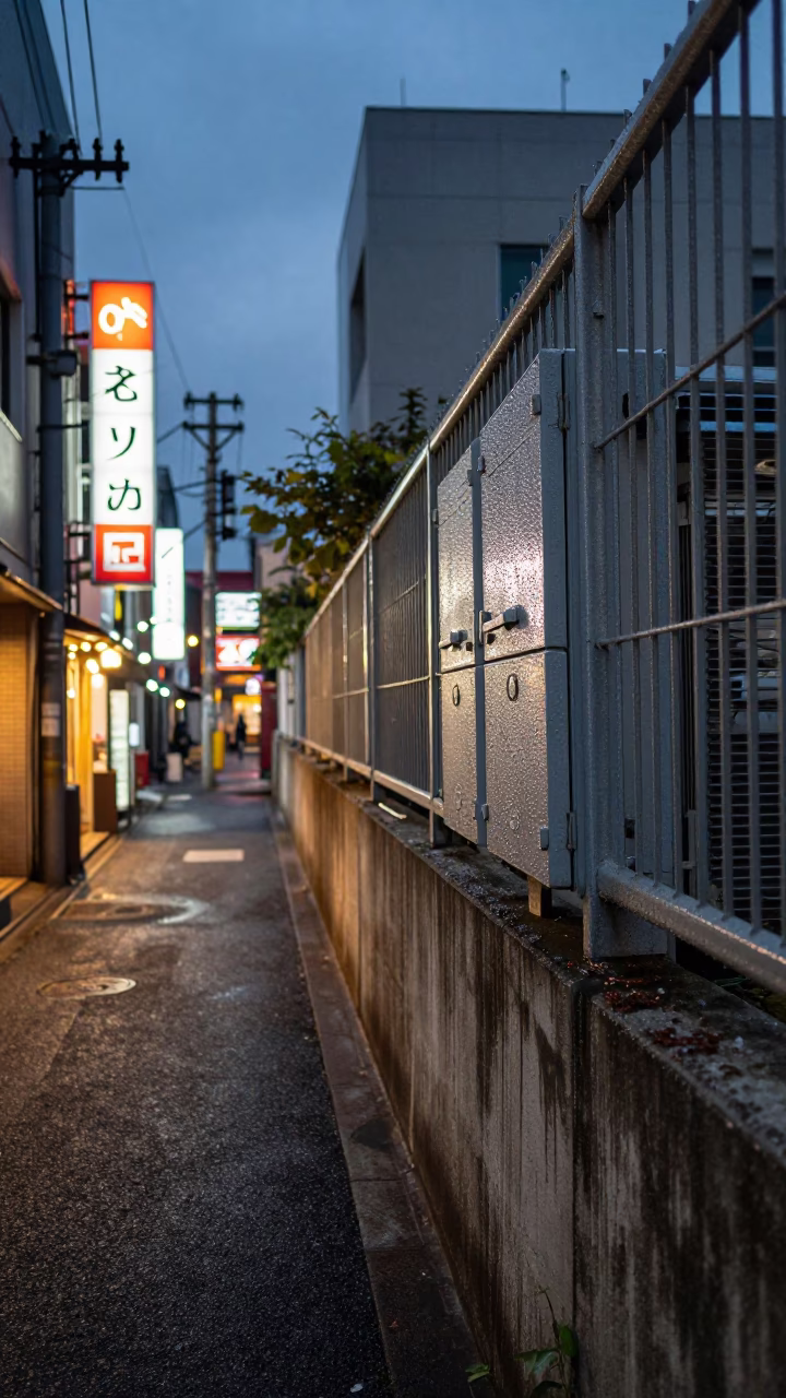 Osaka Japan Street Scene at Dusk with Dewy Substation Fence and Neon Glow in in Osaka, Japan