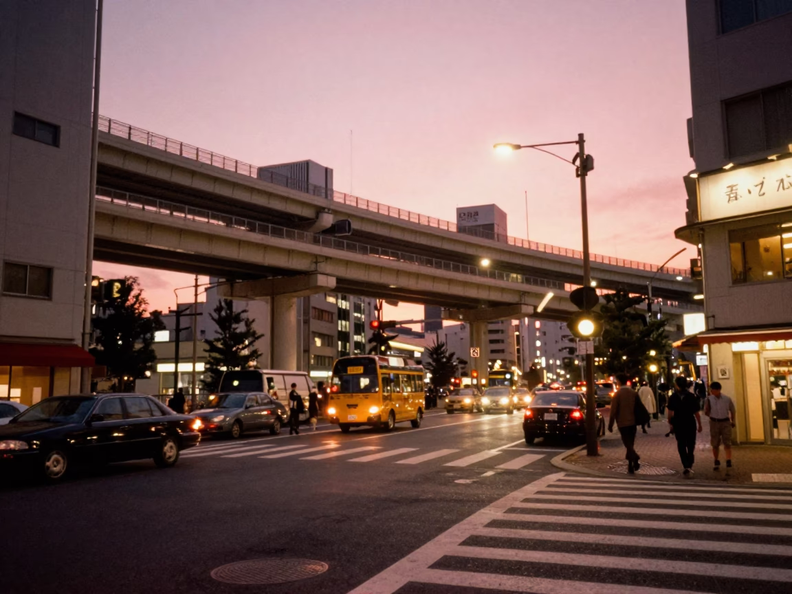 Osaka Japan Street Scene at Dusk with Highway Flyover and Local Dining in in Osaka, Japan