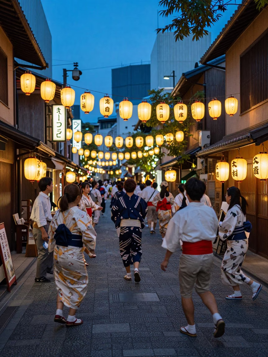 Osaka Japan Street Scene at Dusk with Obon Lanterns and Traditional Architecture in in Osaka, Japan