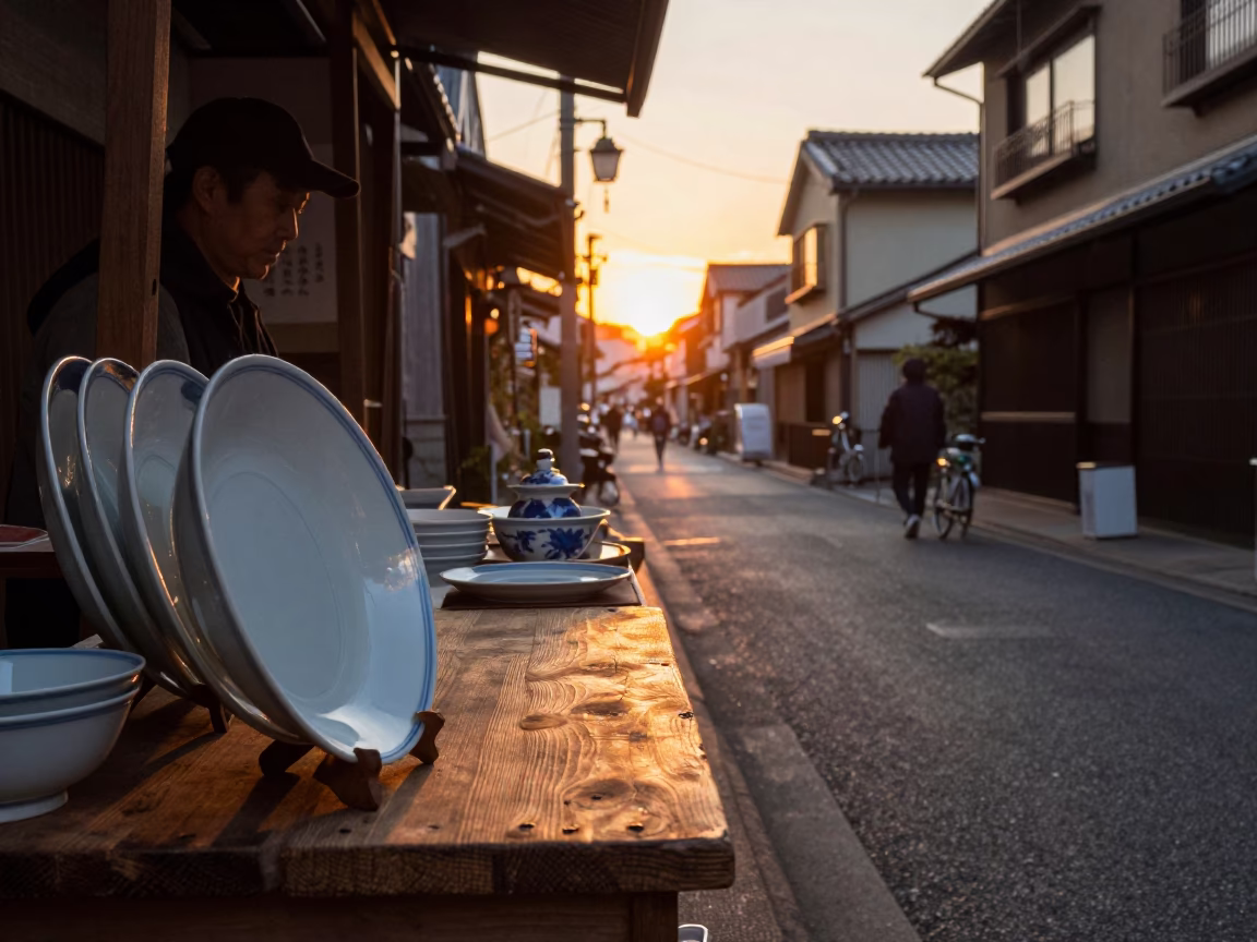 Osaka Japan Street Scene at Sunset with Blue White Porcelain Plate and Scratched Tile in in Osaka, Japan