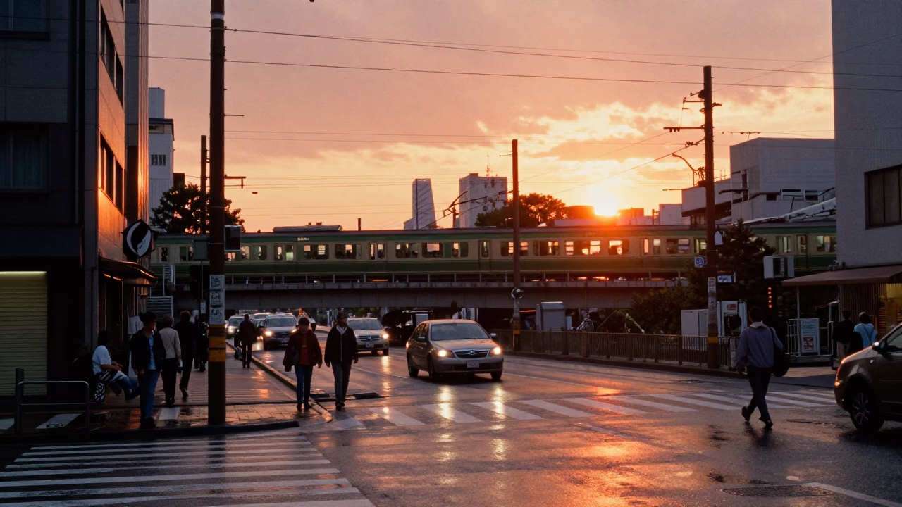 Osaka Japan Street Scene at Sunset with Commuter Train Crossing Bridge and Suitcases in in Osaka, Japan