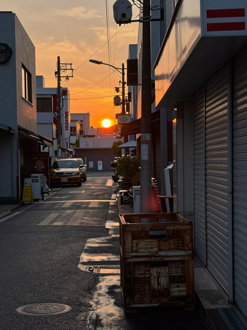 Osaka Japan street scene at sunset with crate and urban details in in Osaka, Japan