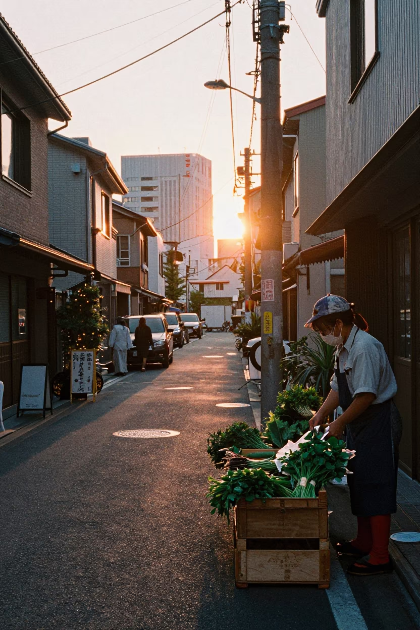 Osaka Japan Street Scene at Sunset with Glass Carafe and Herb Stall in in Osaka, Japan