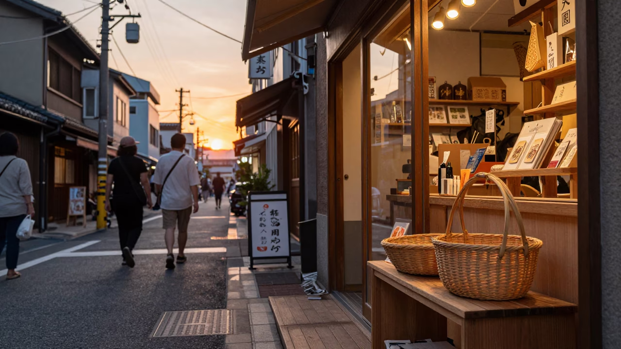 Osaka Japan Street Scene at Sunset with Local Shop Display and Pedestrians in in Osaka, Japan
