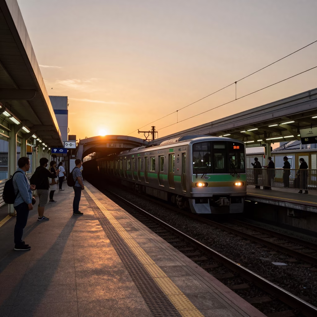 Osaka Japan street scene at sunset with metro train emerging from tunnel into daylight in in Osaka, Japan