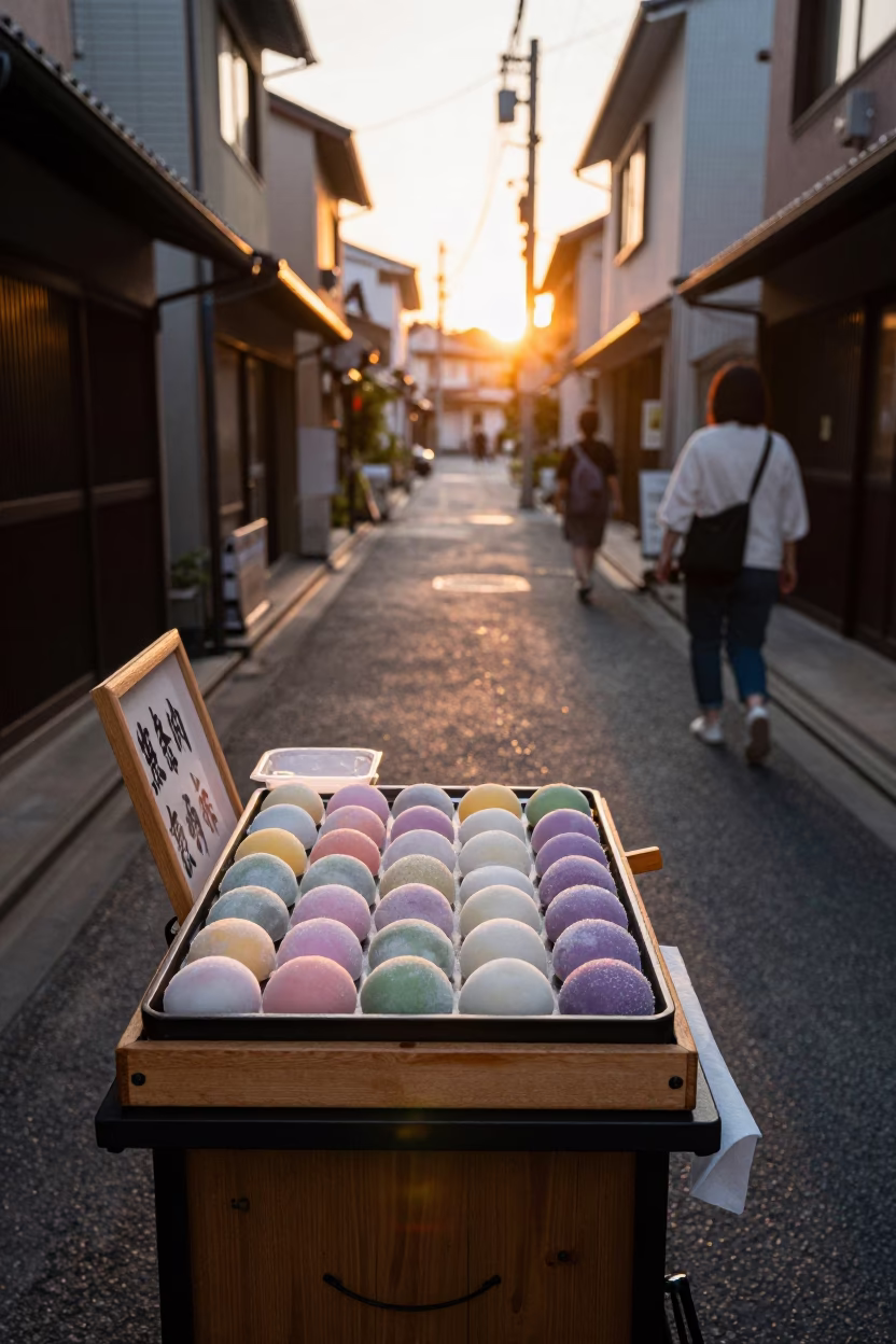 Osaka Japan street scene at sunset with mochi tray and traditional architecture in in Osaka, Japan