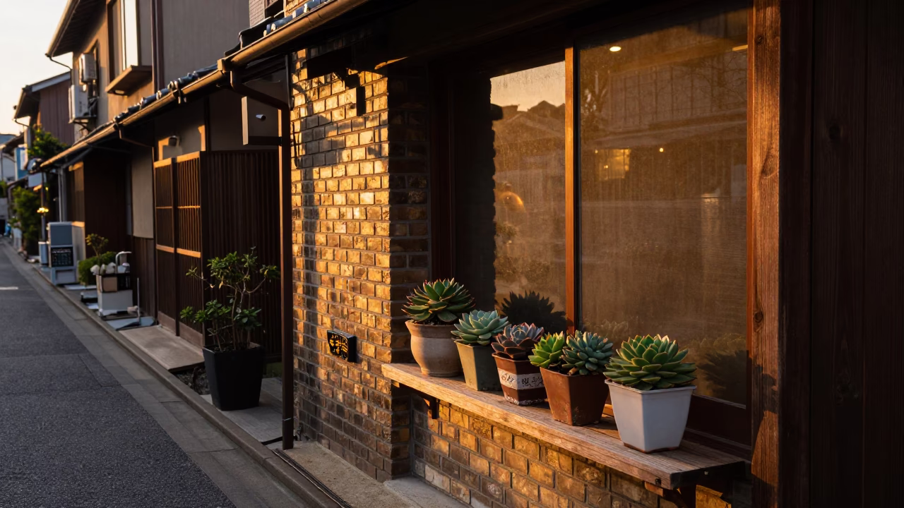 Osaka Japan street scene at sunset with potted succulents and traditional architecture in in Osaka, Japan