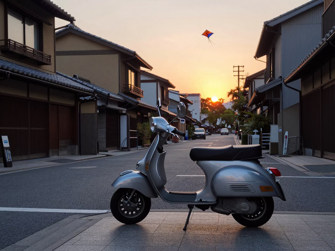 Osaka Japan Street Scene at Sunset with Scooter and Kites in in Osaka, Japan