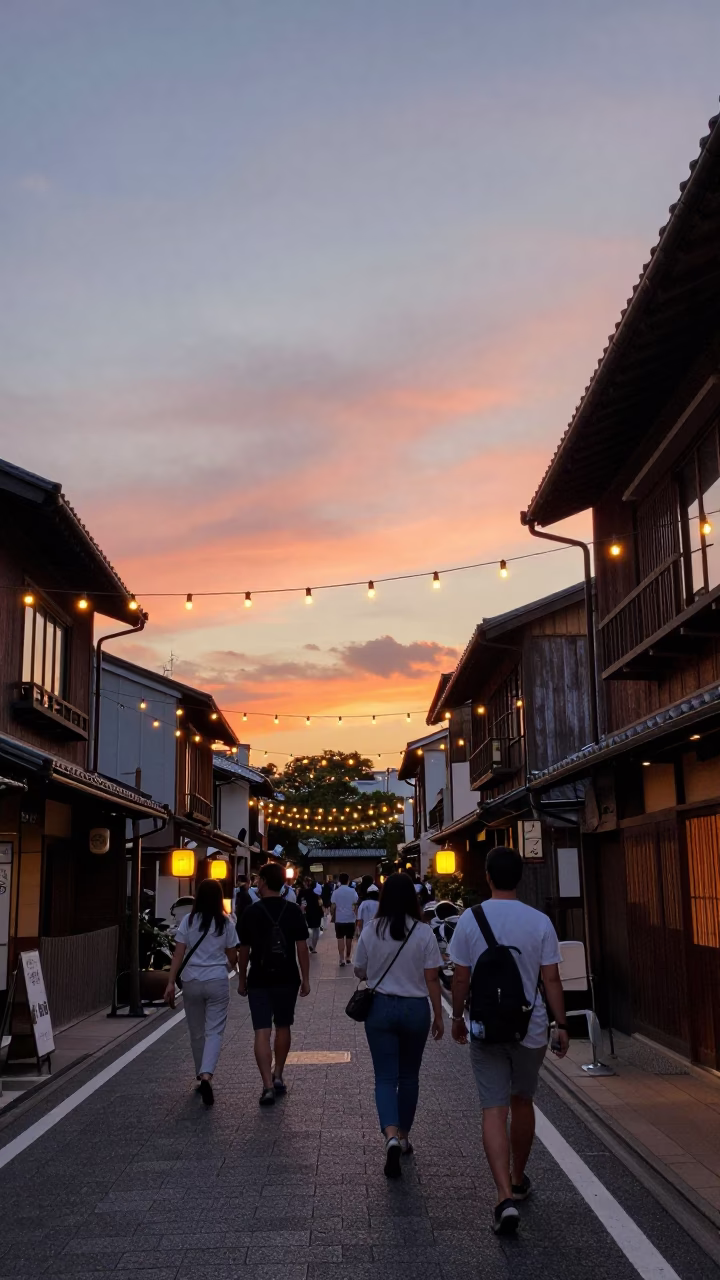 Osaka Japan street scene at sunset with string lights and traditional architecture in in Osaka, Japan