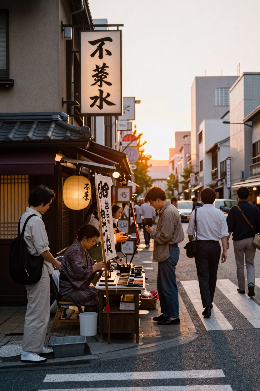 Osaka Japan Street Scene at Sunset with Traditional Calligraphy Brush and Modern Architecture in in Osaka, Japan