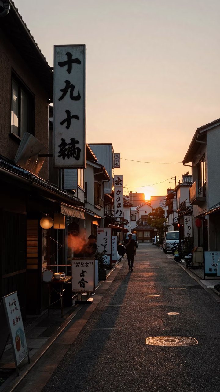 Osaka Japan Street Scene at Sunset with Traditional Shopfront and Evening Pedestrians in in Osaka, Japan