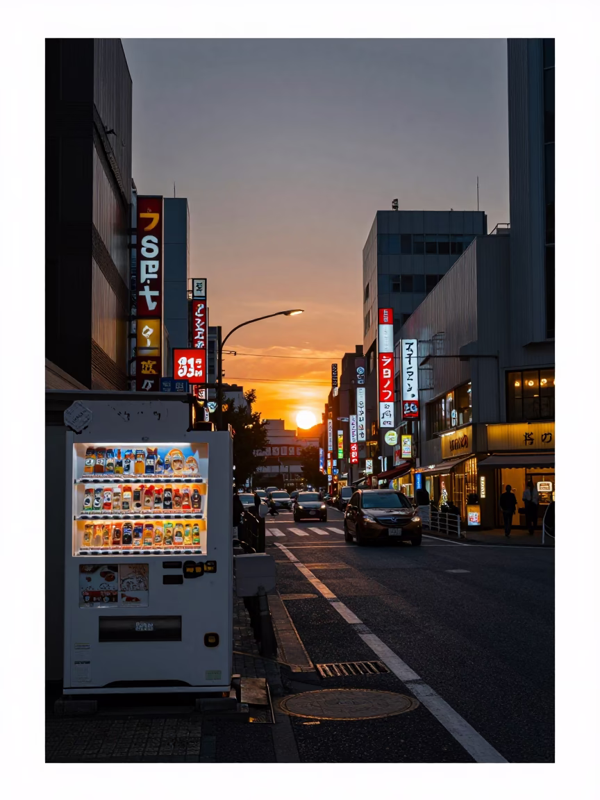 Osaka Japan street scene at sunset with vending machines and pedestrians in in Osaka, Japan