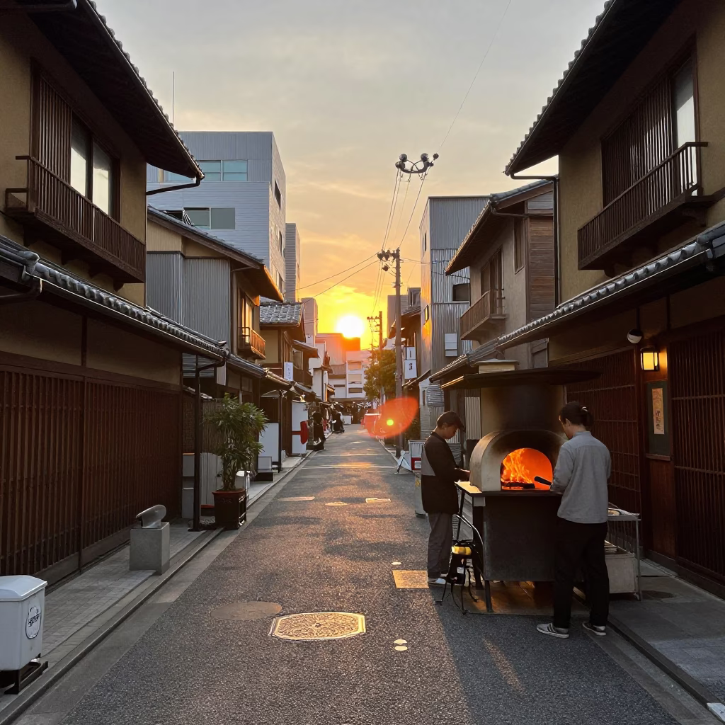 Osaka Japan Street Scene at Sunset with Wood Fired Pizza and Telecommunication Mast in in Osaka, Japan